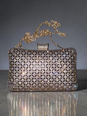 Vintage Rhinestone Crystal Evening Clutch Gold Chain Glam Cocktail Bag